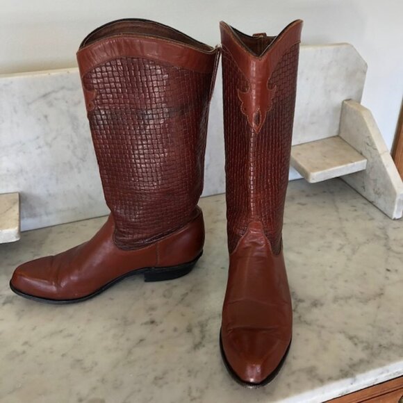 TONY LAMA Basket Weave Upper Leather Brown Pointed Toe Pull On Ladies Bo… - Picture 4 of 17